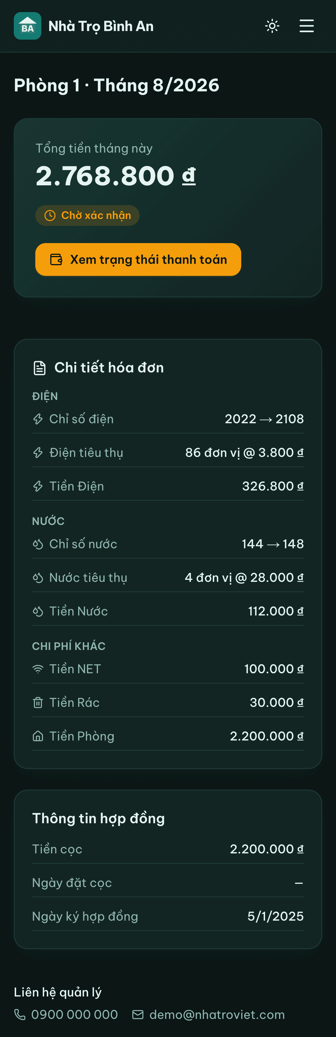 Khách thuê xem hóa đơn trên điện thoại, có chi tiết tiền điện nước